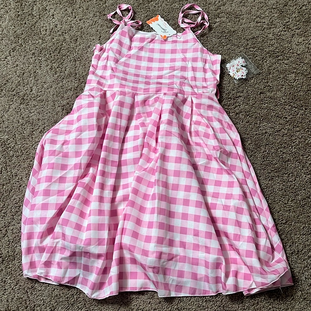 Barbie movie, pink gingham dress with choker and earrings girls size 10